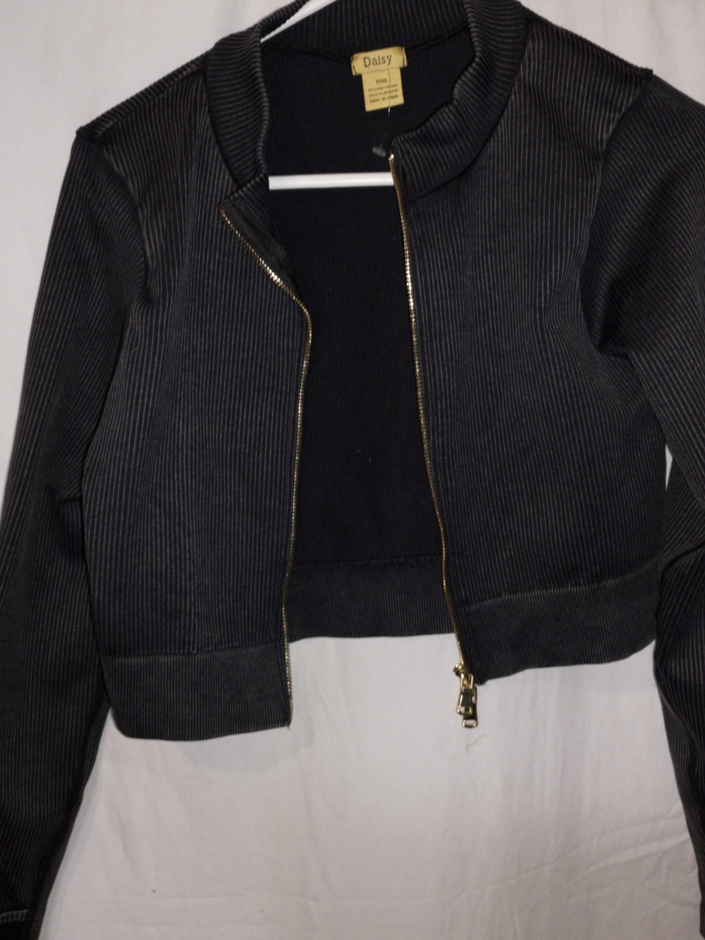 Daisy Black Pinstripe Cropped Bomber with Gold Zipper